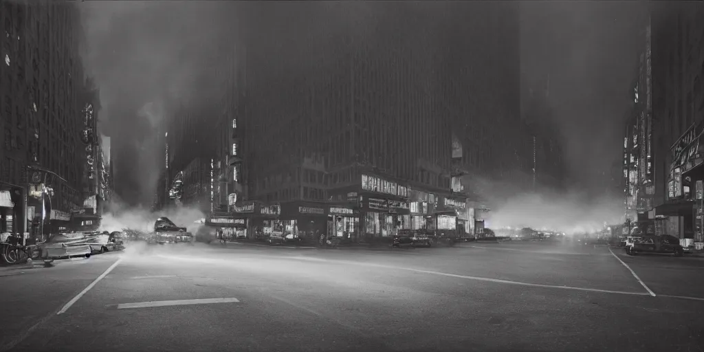 Image similar to a high resolution photo of a new york street at night surrounded with smoke and cars with bright headlights by joel meyerowitz, realistic photo, trending on artsation,