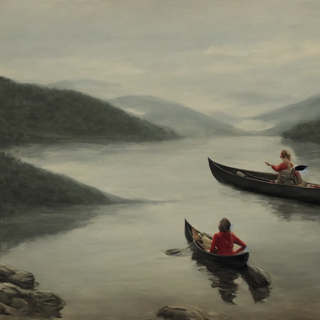 Prompt: a beautiful woman sitting in canoe on the hudson river, mountains in mist, oil painting, style of george bellows, octane render