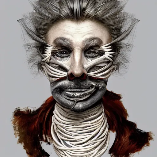 Prompt: portrait of a Shibari rope wrapped face and neck, headshot, insanely nice professional hair style, dramatic hair color, digital painting, of a old 17th century, old cyborg merchant, mouth wired shut, amber jewels, baroque, ornate clothing, scifi, realistic, hyper detailed, chiaroscuro, concept art, art by Franz Hals and Jon Foster and Ayami Kojima and Amano and Karol Bak,