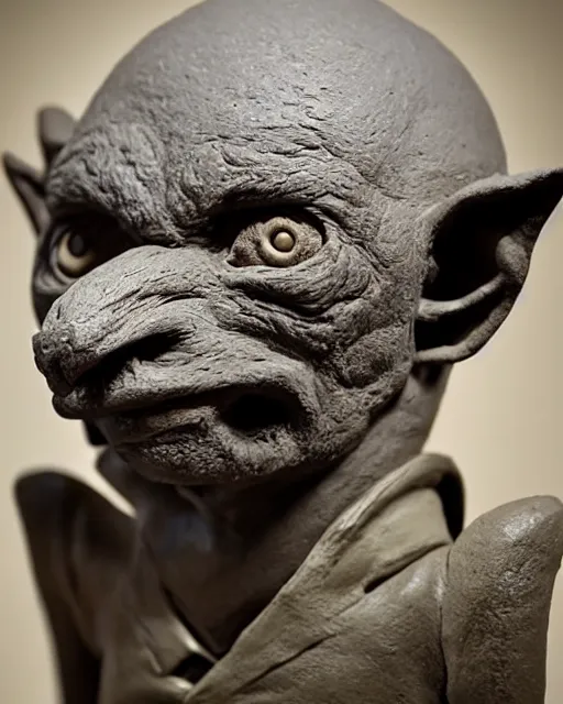 Prompt: 'history textbook with a picture of a clay sculpture of a goblin' clay sculpture, photograph, zoomed out, trending on tumblr, textbook pages