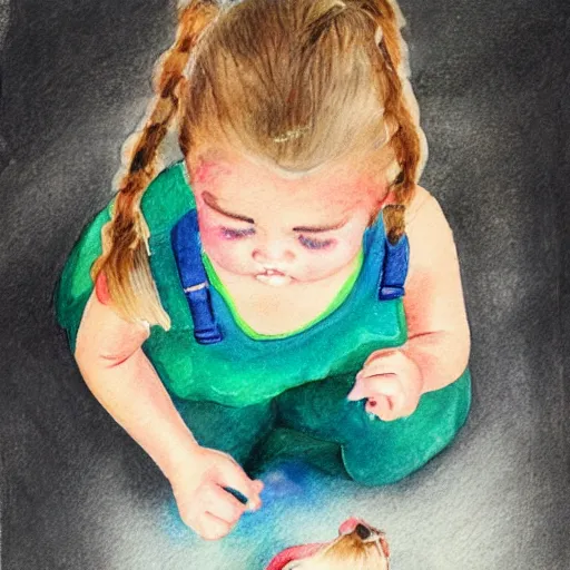 Image similar to 3 year old blonde girl in pigtails looking down at iphone, pencil and watercolor on white by eloise wilkin