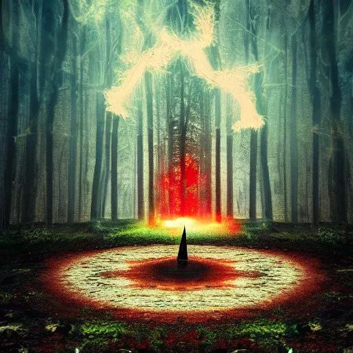 Image similar to afterlife, god, forest, angels, devil, altar, light shining from the sky, clouds, lightning, white and red environment, digital art, intricate, true to life, 4k