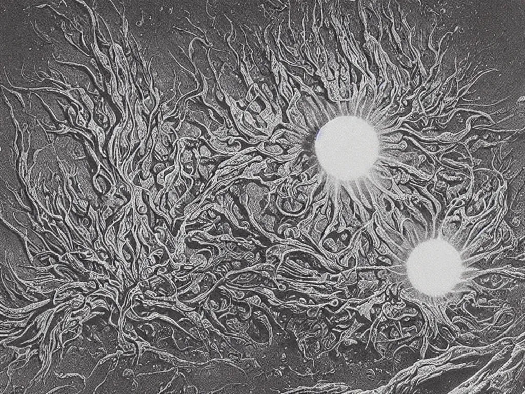 Prompt: Close up of an strange alien plant living on a comet. Blazing trail, sunflare, ice. Painting by Roger Dean, Beksinski, Karl Blossfeldt, Ernst Haeckel