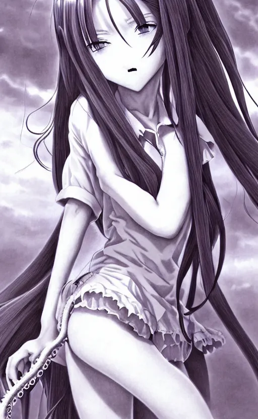 Prompt: a delinquent female student Aerith Gainsborough is being embraced by a tentacle demon she befriended. beautiful shadowing, intricate pencil strokes, illustrated completely, 8k beautifully detailed pencil illustration, extremely hyper-detailed pencil illustration, intricate, epic composition, very very kawaii, masterpiece. stunning masterfully illustrated by Artgerm and Range Murata.