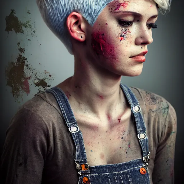 Image similar to full body pose, beautiful adult woman, short white hair shaved sides, dirty, grungy, grunge, long sleeve, painted overalls, stacks of giant books, highly detailed, 4 k, hdr, smooth, sharp focus, high resolution, award - winning photo, artgerm, photorealistic