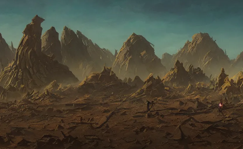 Prompt: flat wastelands, sharp rock spikes, greg rutkowski, brom, james gurney, mignola, craig mullins, alan lee