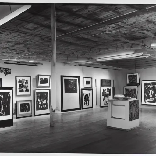 Prompt: A black and white screen print of gallery exhibition view from the 60s, anthropology, colonial, wild, exotic, artifacts, pedestal, ethnography, screen printing