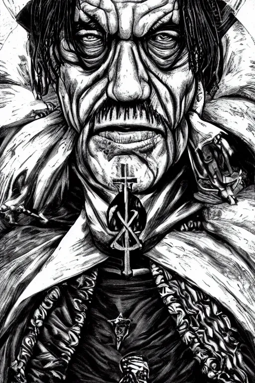 Prompt: Danny Trejo as church nun, dark fantasy, highly detailed, artstation, manga illustration by Kentaro Miura berserk