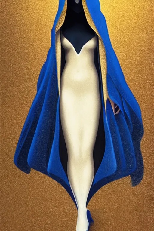 Image similar to detailed beautiful hooded noun in blue gold coat, seductive confident pose, attractive feminine curves, intricate details, futuristic, elegant cape, elegant, white, blue, black, photorealism, trending on artstation, holy halo, advanced technology, art by moebius and vitaly bulgarov and chanthara