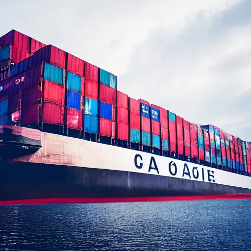 Prompt: photo of immense gigantic industrial futuristic cargo ship arrives at futuristic city sea port, dark cinematic lighting, vibrant colour scheme