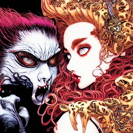 Prompt: closeup of vampire kiss, by yoichi hatakenaka, masamune shirow, josan gonzales and dan mumford, ayami kojima, takato yamamoto, karol bak