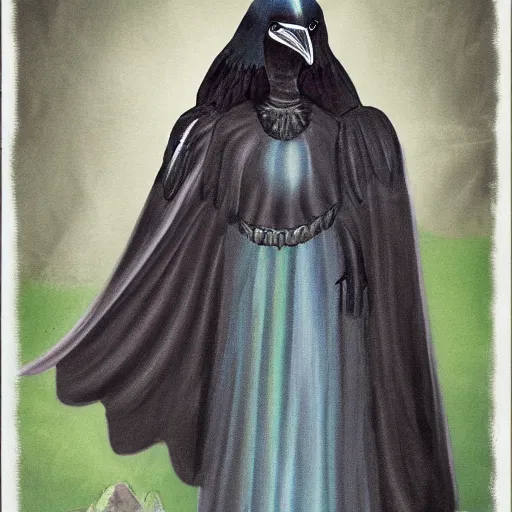 Image similar to character portrait of a modest robed dark raven angel with iridescent black raven wings