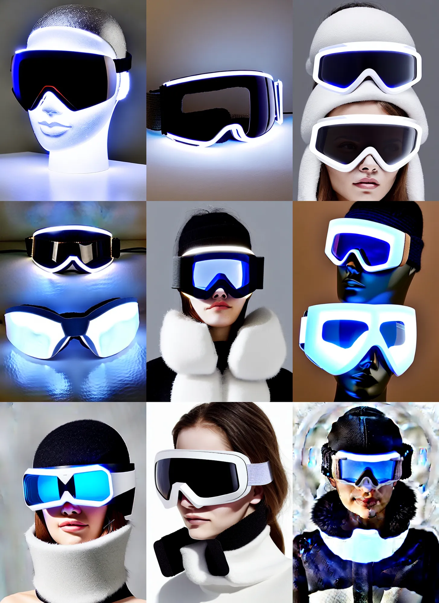 Prompt: a high - tech modern lustrous fashion ( snow goggles ) designed by modern architecture, oak, glass, brushed aluminum, tasteful oled strip accent lighting