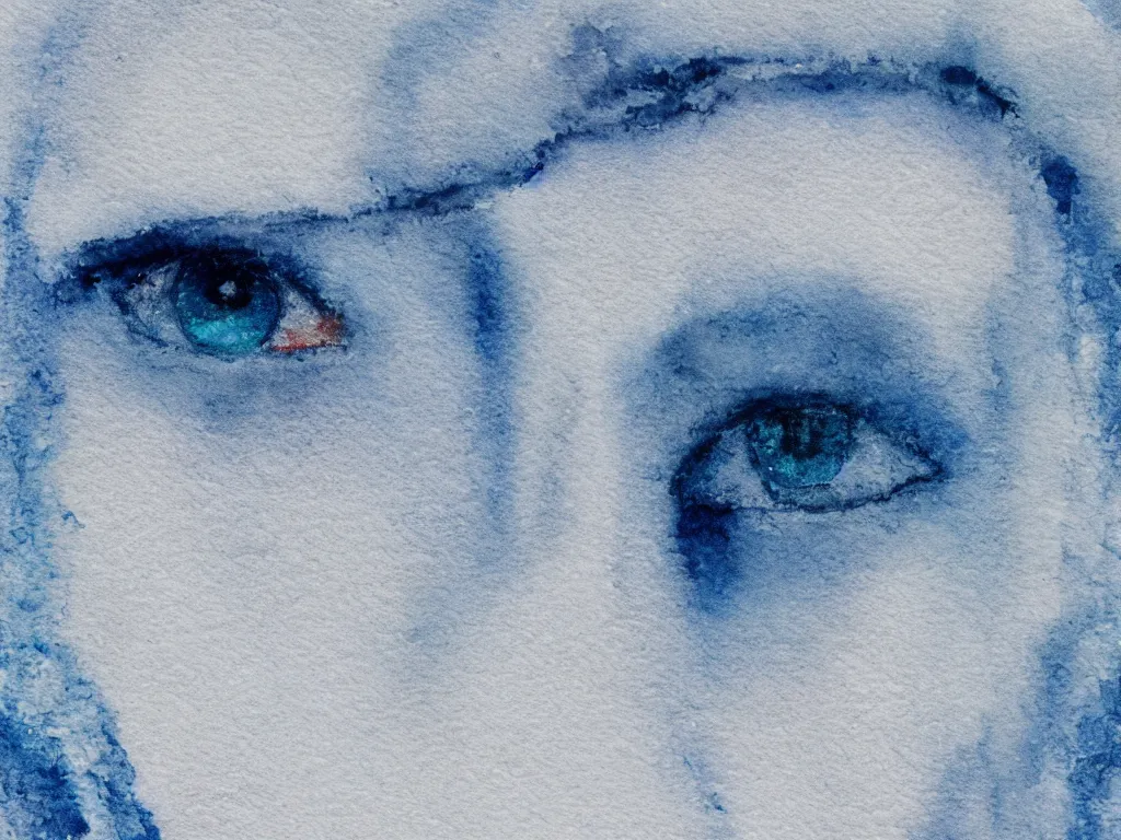 Prompt: the piercing blue eyed stare of yuki onna, freezing blue skin, blizzard in the mountains, painted in minimalist watercolor, bokeh, asymmetric, rule of thirds