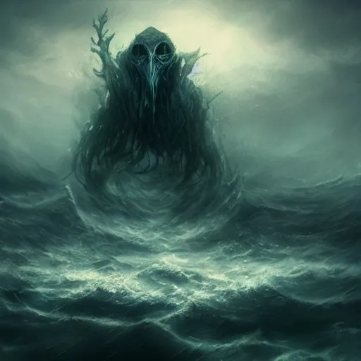 Prompt: drowned god in the sea at night, dark, fantasy