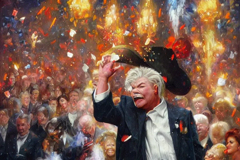 Image similar to portrait of rip taylor throwing confetti during a funeral service, an oil painting by ross tran and thomas kincade