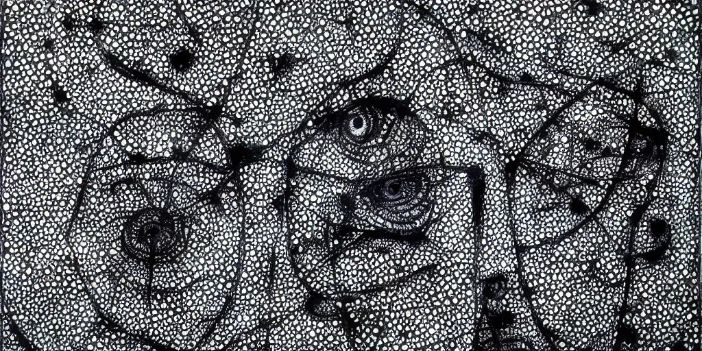 Image similar to camo of eyes, technical, acrylic, teeth, eerie, tribal, clay, dots, lines, stipple, points, grid, cybernetic, old painting, francis bacon art, swirly eyes, hypnosis, eerie, terror, oil, neon, black and white, splotches
