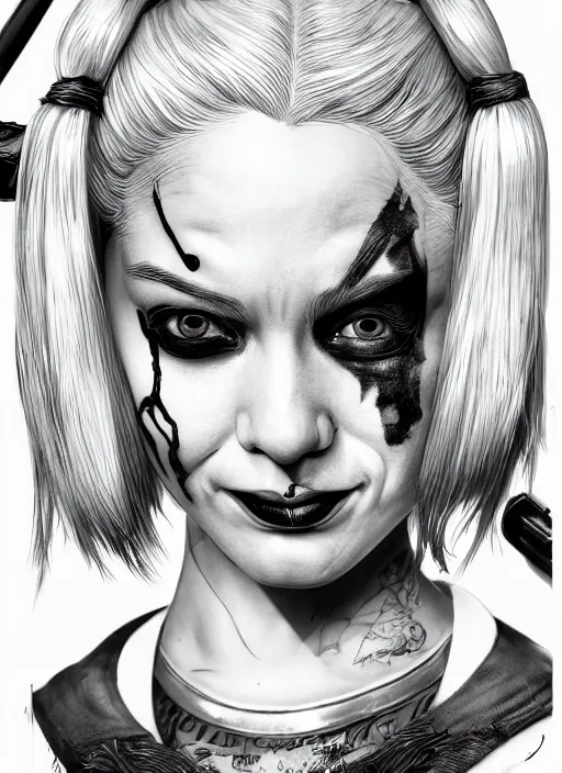 Image similar to highly detailed ink illustration of harley quinn, unreal engine, octane render, b & w clean shaped illustration by kim jung gi, ron english and eiichiro oda