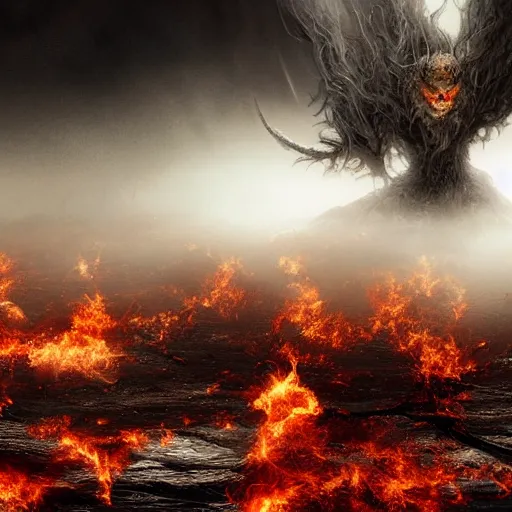 Image similar to I am anti-life. The Beast of Judgement. The dark at the end of everything. God like, Biblical, Apocalypse, End of Times, Superb, Invincible, Merciless, Mayhem, Chaos, Death Incarnate, fog, smoke, ashes, hellfire, rain of blood, Highly detailed 3d fractal, volumetric lighting, sharp focus, ultra-detailed, hyperrealistic, complex, intricate, 3-point perspective, hyper detailed, unreal engine 5, IMAX quality, cinematic, finely detailed, small details, extra detail, symmetrical, high resolution, rendered 3D model, octane render, arnold render, PBR, path tracing, 8k, 4k, HD, hi-res, award-winning, awe-inspiring, ground-breaking, masterpiece , artgem, Dark Fantasy