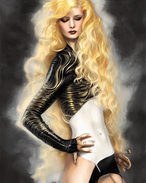 Image similar to a pretty androgynous albino prince in a black gilded obsidian bodysuit, long fluffy golden blonde curly hair, digital painting, sci-fi setting, symmetrical features, Daniel Gerhartz, high detail intricate, artstation, WLOP, Artgerm, J. Scott Campbell; Olivia De Berardinis, Daniel Gerhartz, jack kirby, mysterious vibes