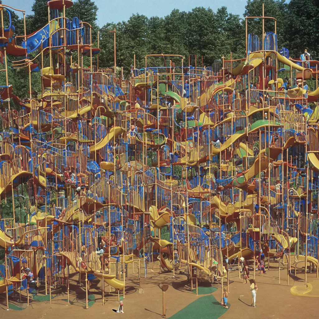 Image similar to full - color closeup 1 9 7 0 s photo of a vast incredibly - large complex very - dense tall many - level playground in a crowded schoolyard. the playground is made of brown wooden planks, black rubber tires, silver metal bars, and beige ropes. it has many spiral staircases, high bridges, ramps, balance beams, and metal tunnel - slides.