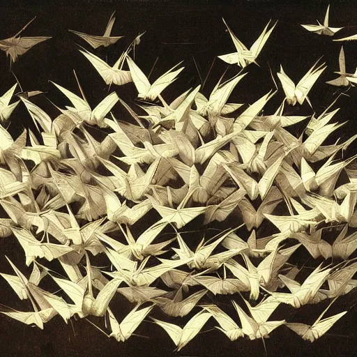 Prompt: a swarm of paper cranes by caravaggio