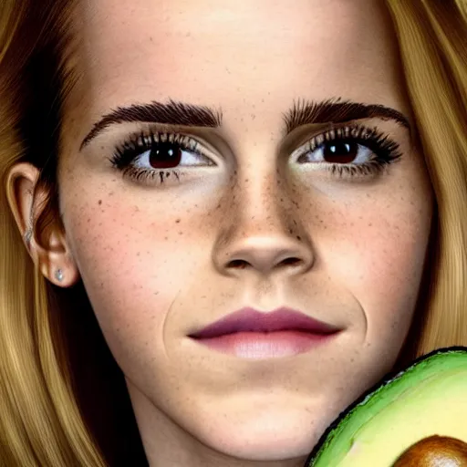 Image similar to portrait of emma watson but her skin is avocado skin