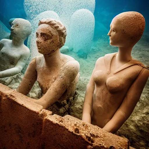 Prompt: underwater photograph of ancient greek ruins with rotting mannequins and smudged makeup in various poses, elegant jellyfish, exploration, national geographic, volumetric lighting