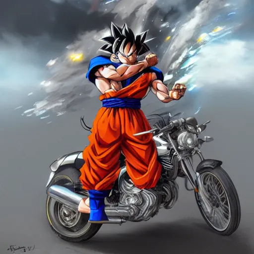 Prompt: Goku dressed as a motorcyclist, by Stanley Artgerm Lau, WLOP, Rossdraws, James Jean, Andrei Riabovitchev, Marc Simonetti, Yoshitaka Amano, ArtStation, CGSociety,