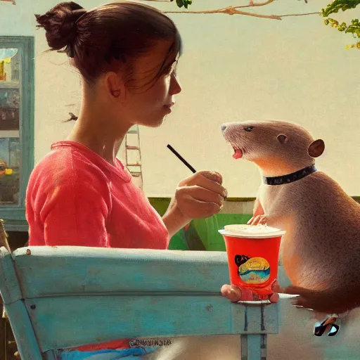 Image similar to Norman Rockwell painting of a fat otter drinking boba tea in a cafe by the beach, artstation, furaffinity, high res, 4k