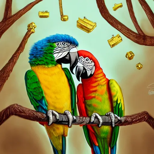 Image similar to parrots wearing golden rings and necklaces, with rap cap on head, rapping and sitting on golden trees, rap scene, modern concept art, trending on artstation, highly detailed, digital art, 8 k