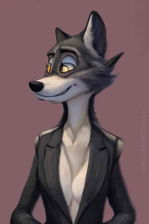 Image similar to oil painting of anthromorphic female wolf, in style of cory loftis, female fursona, furry, furaffinity, 4 k, deviantart, furry art, fursona art, wearing black business suit, business suit, in style of zootopia, wolf fursona, cyberpunk, female, female wolf face, very expressive detailed feminine face,