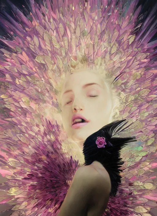 Prompt: portrait of raven bird, flowers, pink spike aura in motion, floating pieces, painted art by tsuyoshi nagano, greg rutkowski, artgerm, alphonse mucha, spike painting