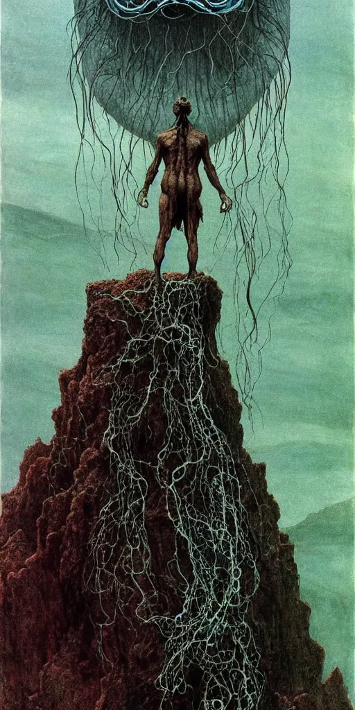 Image similar to A detailed lonely tesla android with jellyfish head stands among the mountains. Wearing a ripped mantle, robe. Perfect face, colossal scale, extremely high details, realistic, fantasy art, solo, masterpiece, art by Zdzisław Beksiński, Arthur Rackham, Dariusz Zawadzki