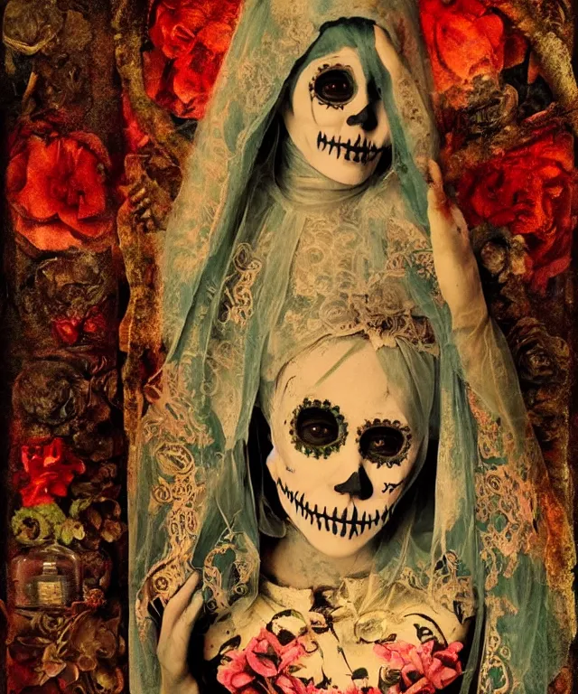 Image similar to tintype virgin mary in dia de muertos dress and make up, horrific beautiful vibe, evocative, atmospheric lighting, painted, intricate, highly detailed,