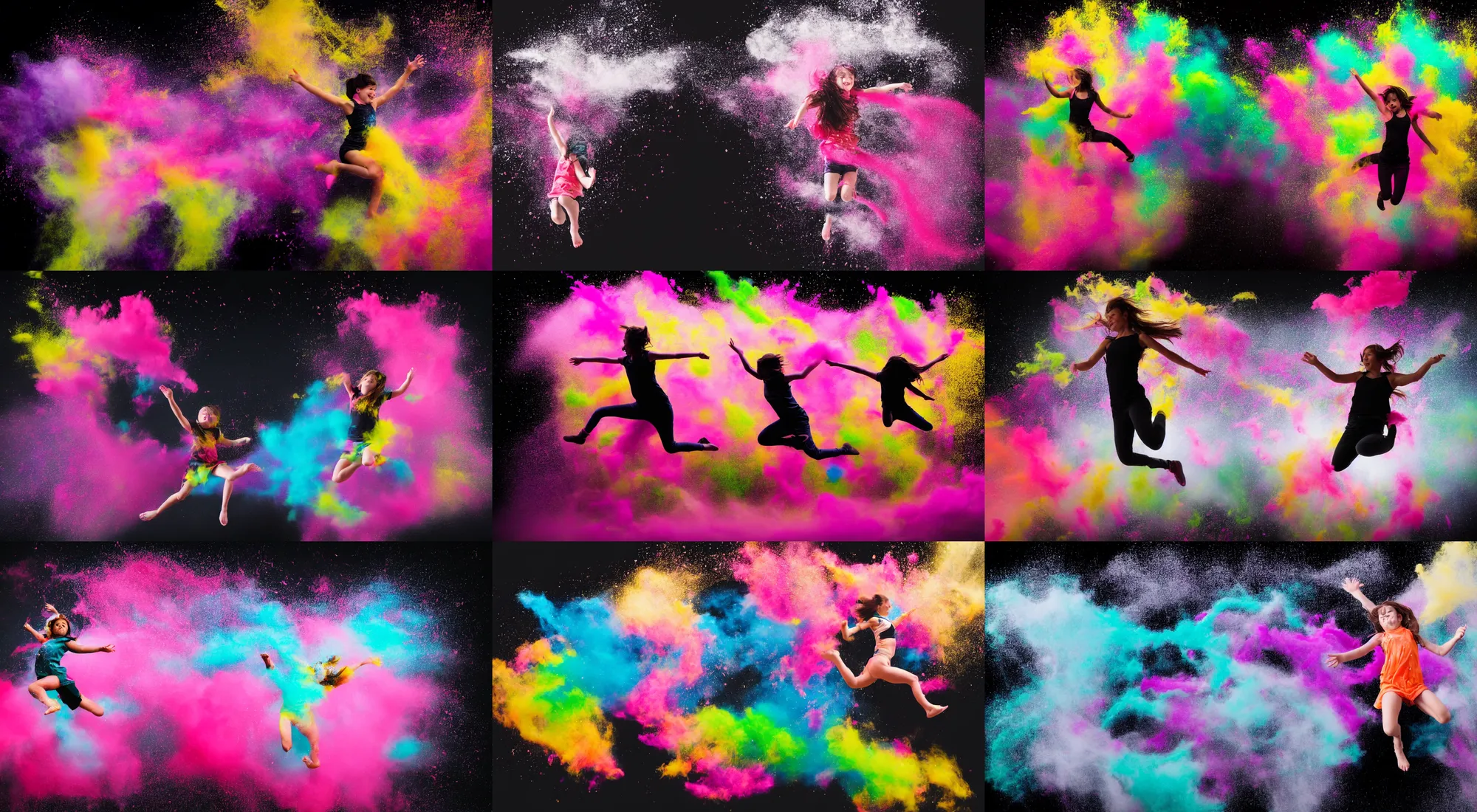 Prompt: a girl jumping through a centered explosion of colorful powder on a black background