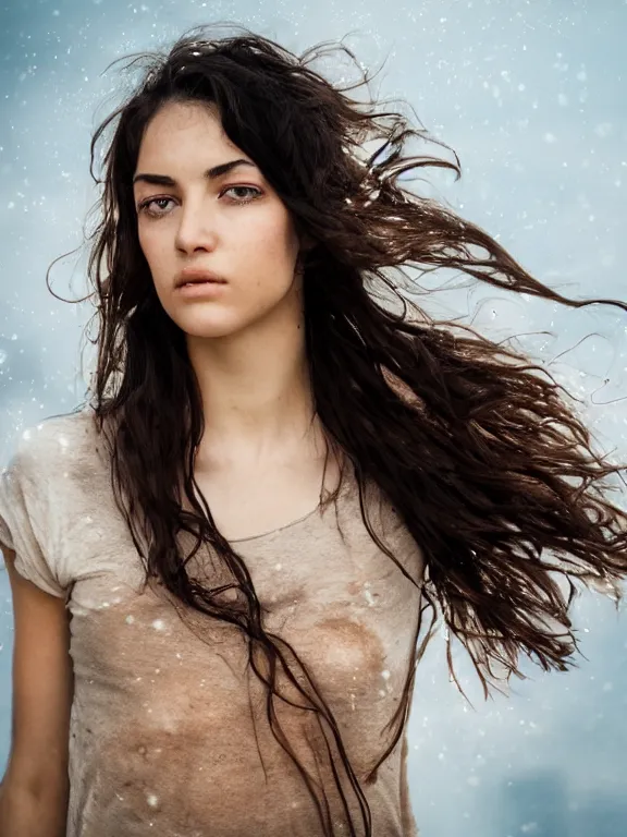 Prompt: hyperdetailed photo of a beautiful french girl, brown eyes, dark hair, winds of winter, with ripped transparent t - shirt