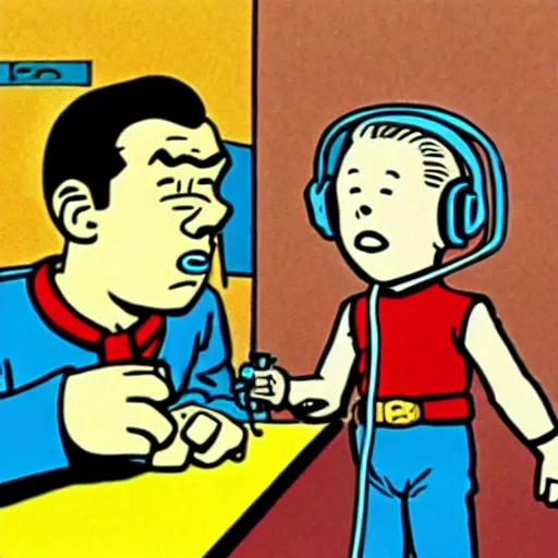 Prompt: tintin wearing headphones and speaking into big microphone, podcast! in the style of jean giraud!!