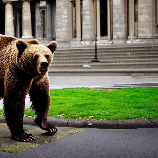 Prompt: brown bear outside Dublin Criminal Court, Ireland, photograph, 8k