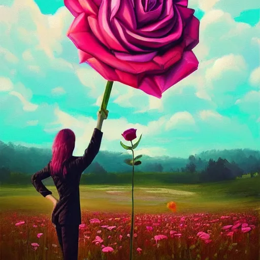 Image similar to portrait, giant rose flower head, girl dancing in a suit, surreal photography, sunrise, blue sky, dramatic light, impressionist painting, digital painting, artstation, simon stalenhag