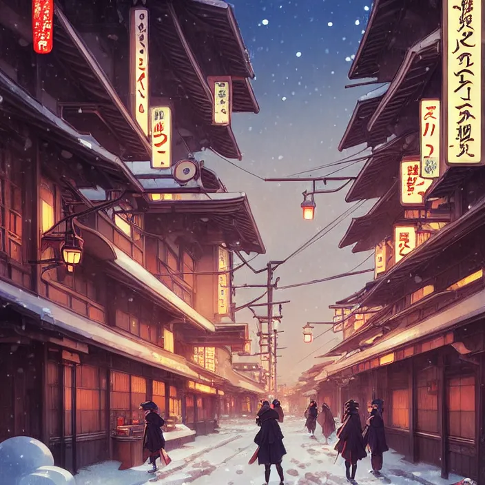 Image similar to japanese big city, winter, in the style of studio ghibli, j. c. leyendecker, greg rutkowski, artem