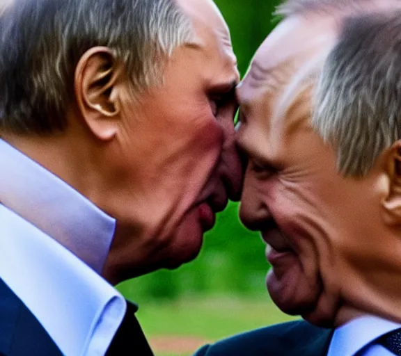 Image similar to a photo of vladimir putin kisses sergey lavrov, animals mating, lovely kiss, kiss mouth to mouth, romantic, emotional, love scene, insane details, clear face, clear eyes, textured, 8 k, professional photography, animal world, discovery channel, dslr, focus, zeiss lense, 5 0 mpx