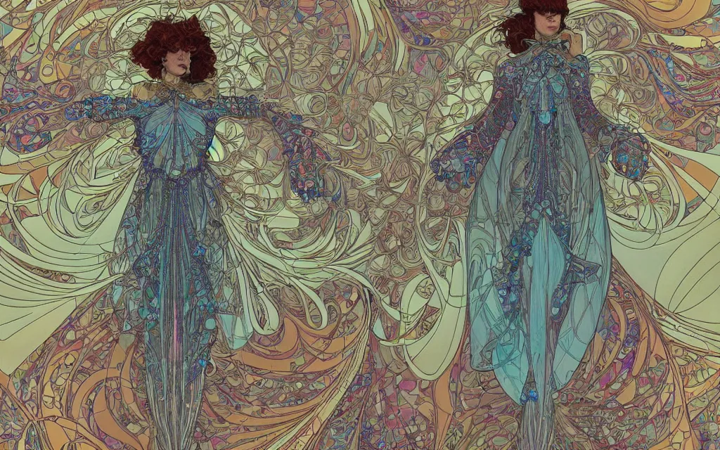 Prompt: pattern, oscillation, fractal gems, fractal crystals. by jean giraud and by james jean and mucha