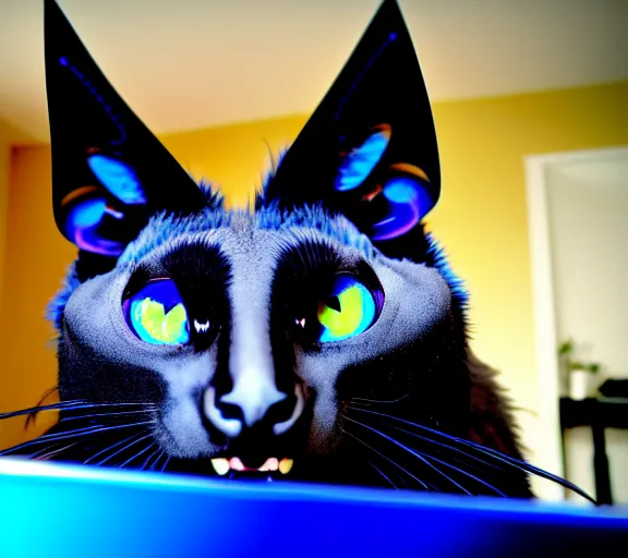 Image similar to a blue - and - black male catbat fursona with blue / green heterochromatic eyes ( differently - colored eyes, one eye green, one eye blue ) and huge bat ears, photo of the catbat streaming on his computer