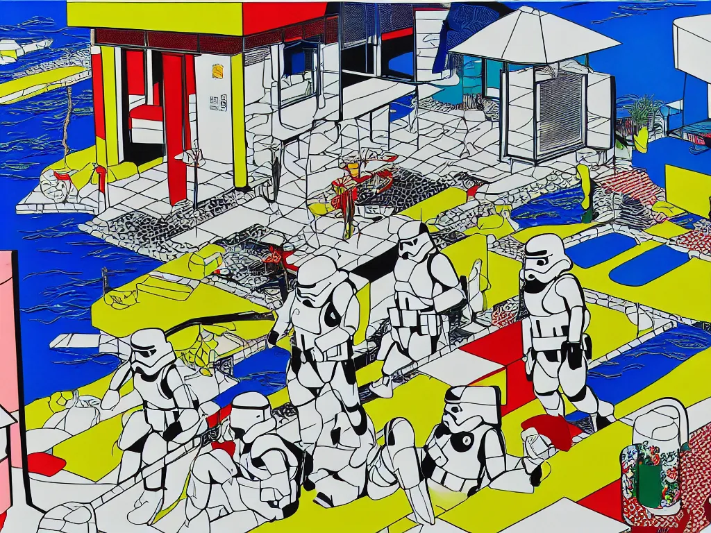 Image similar to hyperrealism composition of the japanese house with a hot springs in the garden, detailed stormtrooper in hot springs, pop - art style, jacky tsai style, andy warhol style, roy lichtenstein style, acrylic on canvas