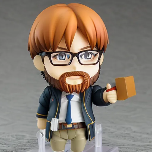 Prompt: an anime nendoroid of a ginger bearded man with glasses, figurine, detailed, product photo