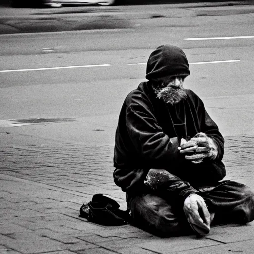 Prompt: digital camera photo of homeless man sitting on the street. he hold glass in his hands.