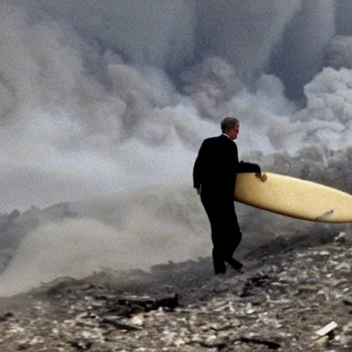 Image similar to george w bush surfing on the pyroclastic cloud of the collapsing world trade center debris as if it were a wave on 9 / 1 1 / 0 1