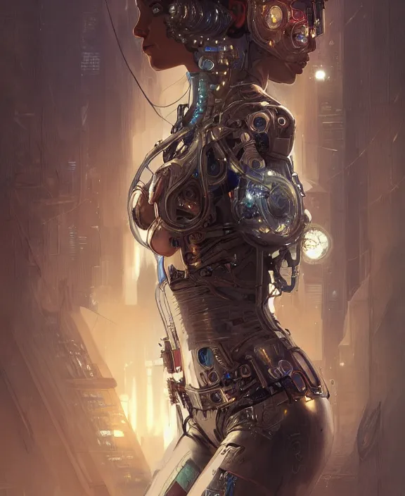 Image similar to portrait of a cyberpunk cyborg, half body, fantasy, intricate, elegant, highly detailed, digital painting, artstation, concept art, art by artgerm and greg rutkowski and alphonse mucha