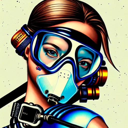 Image similar to portrait of a female diver with a oxygen mask intricate details mask by MARVEL comics and Sandra Chevrier